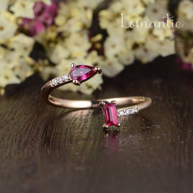 Baguette Rubin Ring Birnenförmige Rose Gold Manschette Offene Einzigartige Wrap Diamant Zierliche Jahrestag Hochzeit Versprechen Frauen Birthstone von Lomantic