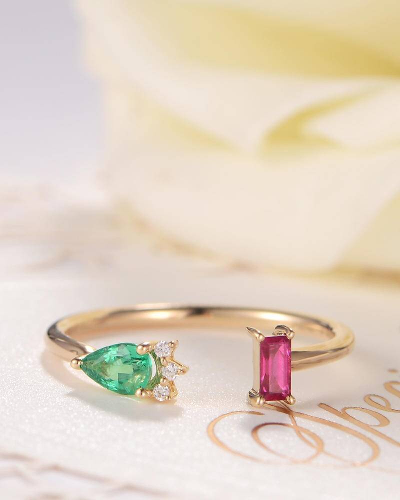 Birnenförmiger Smaragdring Offener Ring Gold Baguette Rubin Manschettenring Birthstone Diamant Halo Antikes Einzigartiges Jahrestags-Frauen-Halbes von Lomantic