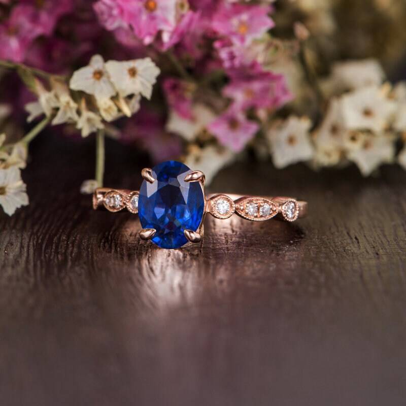 Lab Sapphire Verlobungsring Rosegold Oval Cut Saphir 6 8mm Ring Antike Frauen Versprechen Jahrestag Milgrain Klaue Zinken von Lomantic