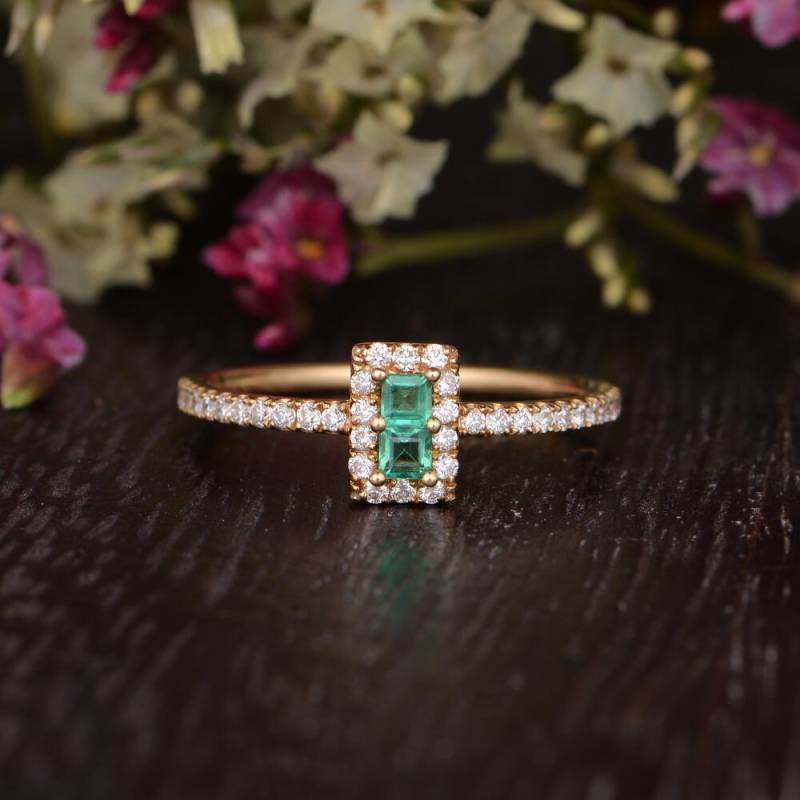 Mini Smaragd Ring Diamant Gelbgold Zierliche Stapeln Rechteck Minimalist Kann Birthstone Versprechen Geschenk Für Frauen von Lomantic