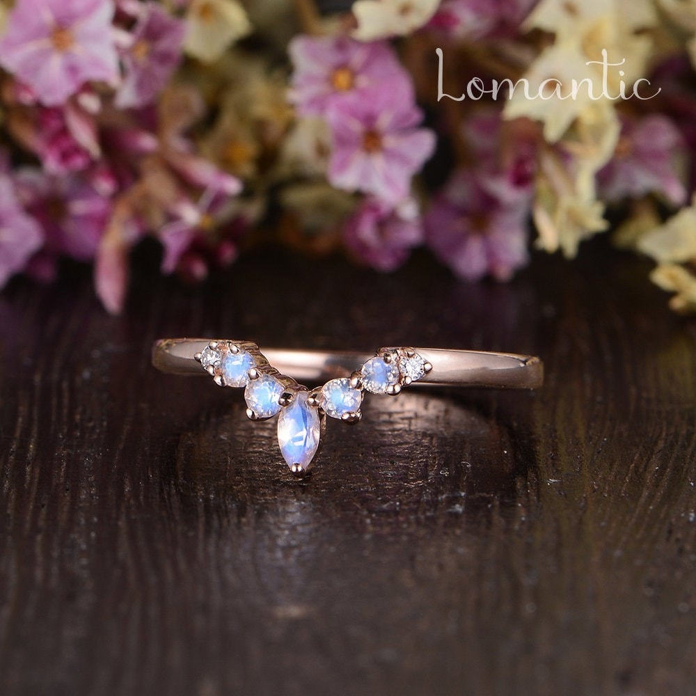 Mondstein Ring Gebogener Benutzerdefinierte Passender Ehering Frauen Rosegold Marquise Bogen Diamant Cluster Custom Fit von Lomantic