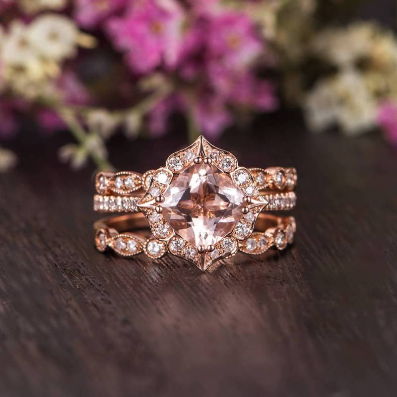 Morganit Verlobungsring Set Rose Gold Ehering Frauen Antike Braut Kissen Diamant Art Deco Blumen-Set Geschenk Für Sie von Lomantic