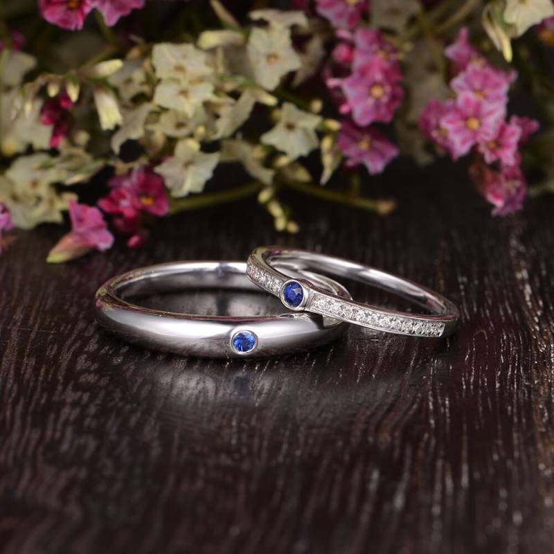 Paar Ringe Weißgold Weding Bands Set 2 Stück Wmen Mann Minimlaist Antike Ring Stacking Sapphire Versprechen Gravur Custom Lünette von Lomantic