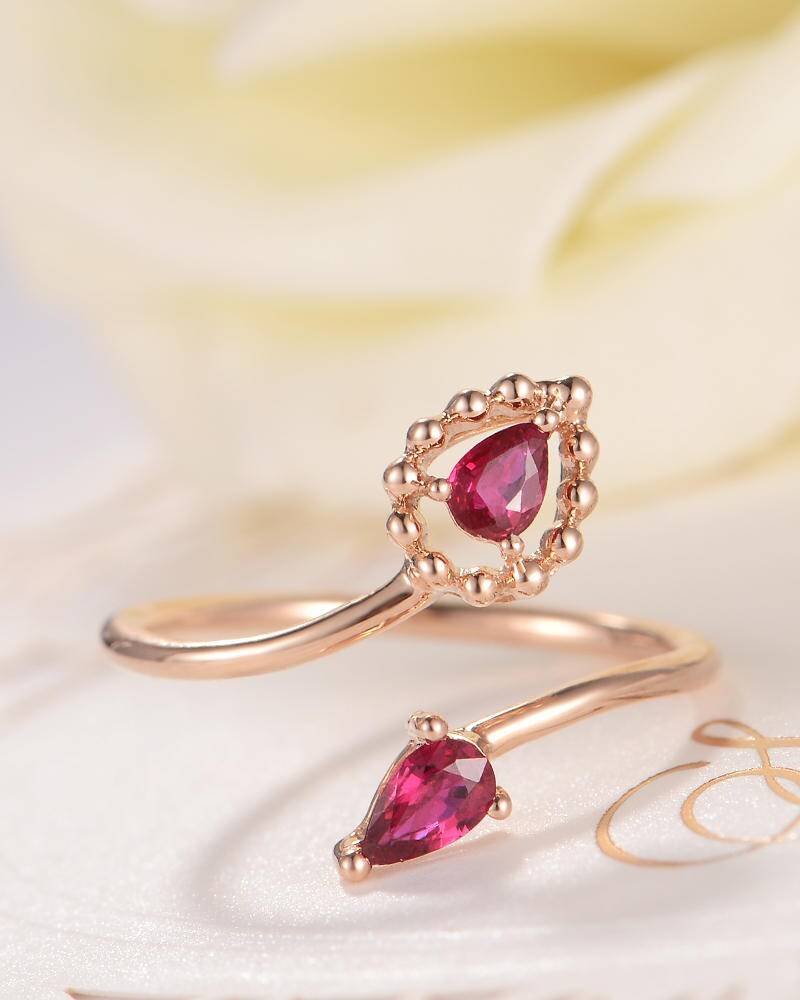 Rubin Ring Rose Gold Offener Antik Retro Birthstone Pear Förmigen Geschnitten Manschette Halo Perlen Dünne Blume Jahrestag Frauen Einzigartige von Lomantic