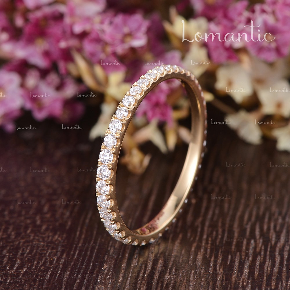 Verjüngter Diamant Ehering Frauen Micro Pave Halbe Ewigkeit Rose Gold Band Minimalist Versprechen Ring Zierliche Einfache Stapeln von Lomantic