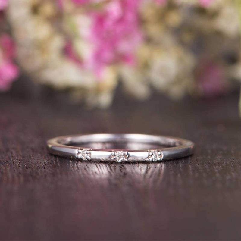 Weißgold Diamant Ring Ehering Frauen Minimalist Stapelbar Braut Gravur Versprechen Zierlich Einfach Drei Stein von Lomantic