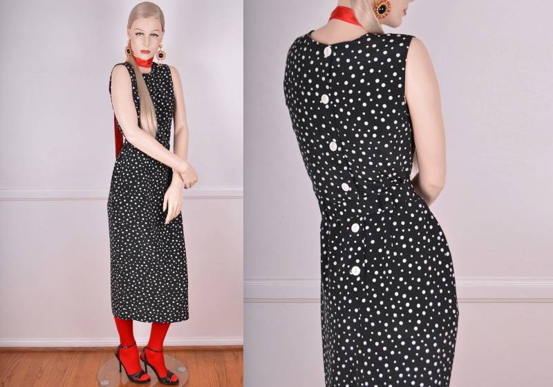 90S Black & White Polka Dot Kleid/ Vintage/ Retro/ Bedruckt/ Muster/ Durchgeknöpft/ Ärmellos/ Größe 6 Petite von LomeliVintage