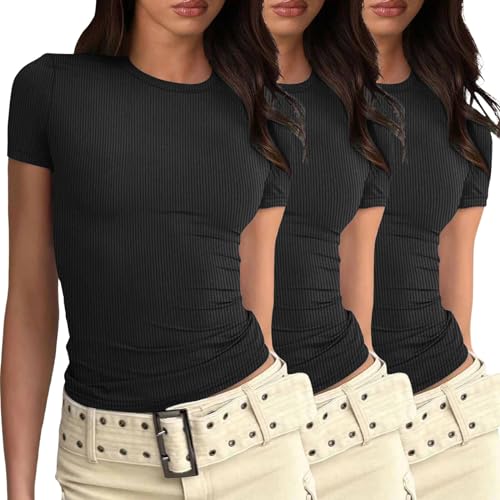 3er Pack Basic Tops Damen Skims Tshirt Set Crop Top Rundhals Y2K Crop Top Sport Aesthetic Woman Clothes Figurbetonte Y2K Oberteile T Shirt Damen Coole Tshirts Für Teenager Mädchen XXL von Lomelomme