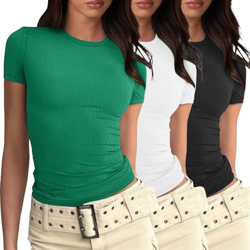 Basic Y2K Crop Top Damen Aesthetic Skims Dupe Tshirt Tops Für Teenager Cute Clean Girl Clothes Oversize Shirt Sport Oberteile T Shirt Damen Eng Gym Sportoberteile Frauen (3er Pack) S von Lomelomme