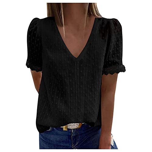 Damen Bluse Casual Kurzarm Frühling Sommer T-Shirt Hemd Spitzenbluse V-Ausschnitt Bequeme Weiß Oberteil Mit Spitze Oberteile Tunika Tops Blusen Sale Spitze Elegant Damenblusen Trachtenbluse von Lomelomme