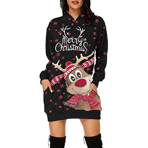 Damen Weihnachtspullover Lustig Oversize Kapuzenpullover Strickpullover Weihnachten Pullover Kleid Weihnachtsbaum Druck Weihnachtspulli Weihnachtspullover Kurz Mit Led Christmas Hoodie Kleid von Lomelomme