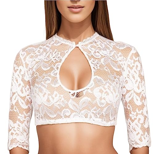 Dirndl Bluse Damen Lang Trachtenblusen, Damen Spitzenshirt Kurzarm Weiße Trachtenmode Top Grosse Grössen Dirndel Hochgeschlossen Schulterfrei Mieder Günstig Creme Dirndlschürze Spitzen Bluse von Lomelomme