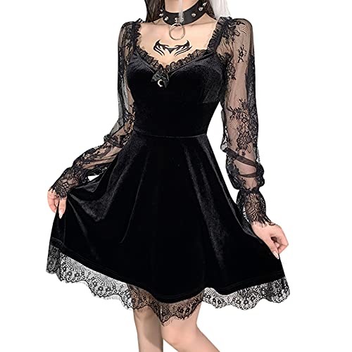 Gothic Kleidung - Frauen 's Spitzenkleid Schwarz Gothic Lolita Spitze Kleid Langarm Schnüren Vintage Punk Puffärmel A Linie Swing Kurz Goth Kleid von Lomelomme