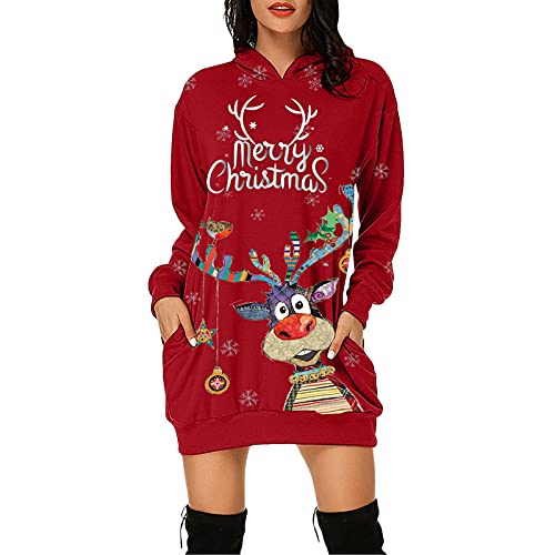 Hoodie Kleid Damen Ugly Lustig Kapuzenpullover Weihnachten Print Lang Hoodie Kleid Weihnachtspulli Christmas Winter Rentier Strickpullover Pullover Kleid Weihnachtspullover von Lomelomme