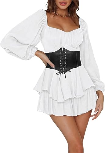 Lomelomme Damen Dresses Mini Babydoll Elbise Aesthetic Outfit Feen Puffärmel Langarm Weißes Kleid Sommer Cowgirl Curvy Geburtstag Teenager Korsett von Lomelomme