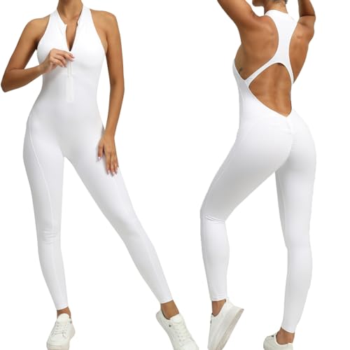 Lomelomme Damen Jumpsuit Eng Scrunch Butt Bodysuit Lang Yoga Ärmellos Zipper Up Overall Sport Rückenfrei Einteiler Onepiece Ganzkörperanzug Playsuits Sexy Gym Workout Bodycon Turnanzug Damen Weiß M von Lomelomme