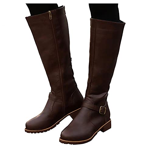 Lomelomme Damen Langschaftstiefel Hohe Stiefel Warme Retro Vintage Boots, Zipper Leather Boots Round Toe Stiefel Reitstiefel Mit Absatz Beiläufige Schnalle Langschaft Kniehohe Lange Boots Stiefel von Lomelomme