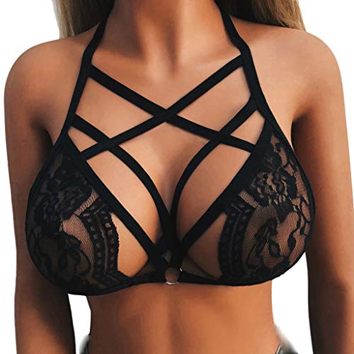 Lomelomme Damen Spitze BH Crop Top Spitze Unterwäsche Spitze BH Bustier Halfter Camisol Lace Bralette Sport BH Dessous Push Up Lace Neckholder Spaghettiträger Spitzen Bra Bra Top von Lomelomme