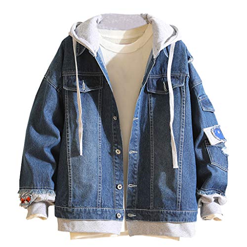 Lomelomme Herren Jeansjacke Blau Übergangsjacke Sweatjacke mit Kapuze Denim Hoodies Jacket Oversize Destroyed Jacke Winter Herbst Outwear von Lomelomme