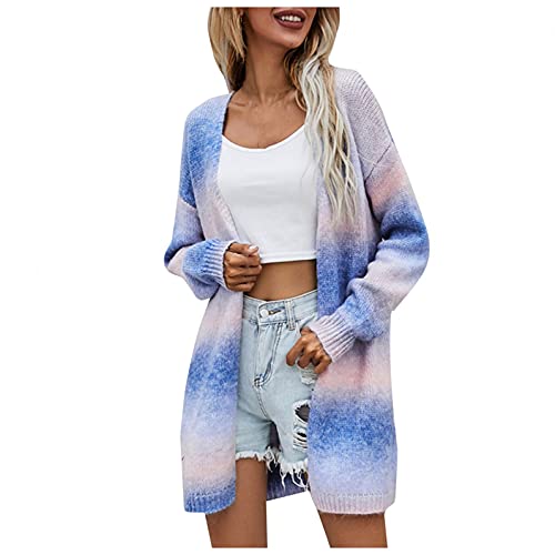 Lomelomme Lang Strickjacke Damen Regenbogen Cardigan: Übergröße Tie-Dye Long Offene Knöpfen Grobstrickjacke Cardigan Taschen Strickgewirk Pullover Mantel von Lomelomme