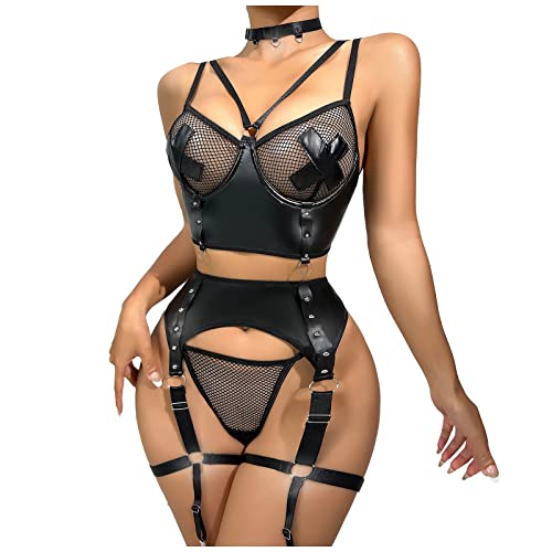 Lomelomme Leder Dessous Frauen, Sexy Dessus Leder Kleid Frauen Sexy Swingerclub Outfit Sexy Klamotten Sexy Unterwäsche Für Frau Sklavin Outfit Fetich Unterwäsche Dessous-Sets Für Damen Schwarz S-XXL von Lomelomme