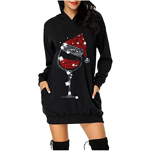 Lomelomme Longpullover für Damen, Damen Weihnachtspullover Kleid Weinglas Motiv Langarm Hoodie Weihnachtskleid Weihnachten Langarmshirt Elegante Pulli Kleid von Lomelomme