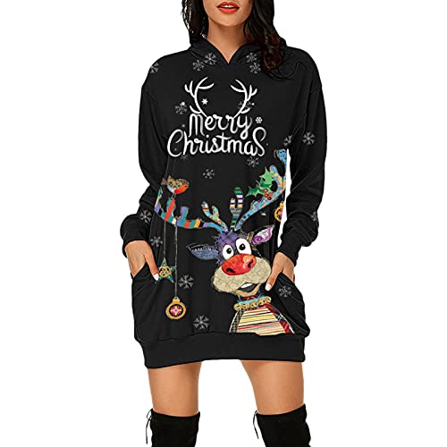 Lomelomme Longpullover für Damen, Damen Weihnachtspullover Kleid Weinglas Motiv Langarm Hoodie Weihnachtskleid Weihnachten Langarmshirt Elegante Pulli Kleid von Lomelomme