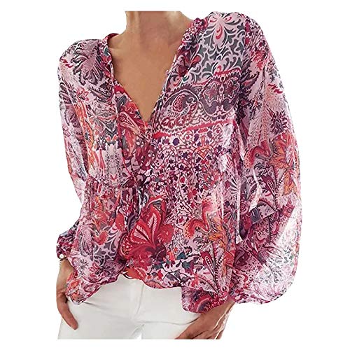 Lomelomme Oberteile Damen V-Ausschnitt Bluse Bohemian Langarm Shirts Elegante T-Shirt große größen Tops Sommer Casual Hemd Tops Chiffonbluse von Lomelomme