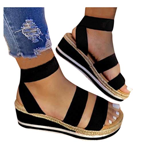 Lomelomme Sandalen Damen Mit Absatz Flach Elegant Sandalen Schuhe Strandsandalen Mit Absatz Bequem Keilsandalen Damensandalen Sandaletten Böhmen Schwarz Plateau Strand Sommerschuhe Sommersandalen von Lomelomme