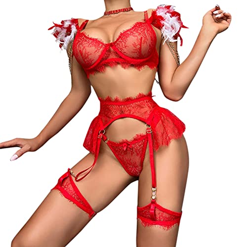 Lomelomme Sexy Dessous-Set für Damen Modisch Einfarbig Kleid Mit Federn Abnehmbarer Spitze Metallkette Gecelik SETI Sexy Corsage Schlafanzug Ouvert Reizwäsche BH Set von Lomelomme