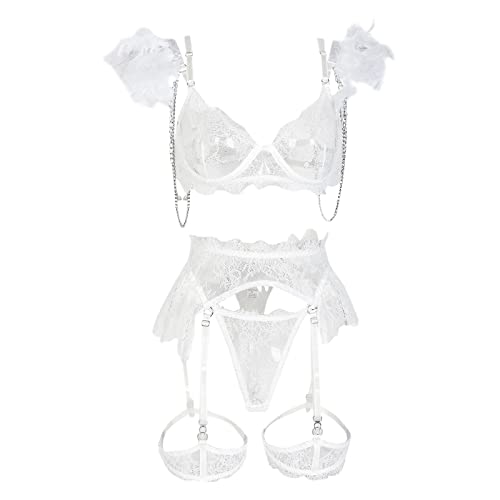 Lomelomme Sexy Dessous-Set für Damen Modisch Einfarbig Kleid Mit Federn Abnehmbarer Spitze Metallkette Gecelik SETI Sexy Corsage Schlafanzug Ouvert Reizwäsche BH Set von Lomelomme