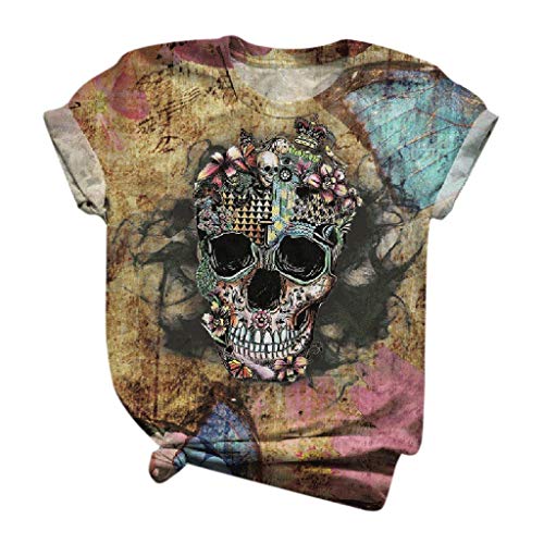 Lomelomme T-Shirt Damen Sommer Kurzarm Bluse Großer Rundhals mit Totenkopf Print Kurzarm Blusen Sommershirts von Lomelomme