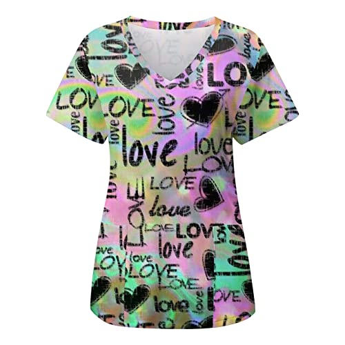 Valentinstag Liebe Kasacks Damen Pflege - Love Briefdruck Lässige Bedrucktes Kurzärmliges Damen-T-Shirt mit V-Ausschnitt und Taschen Kurzärmeliges Oberteil von Lomelomme