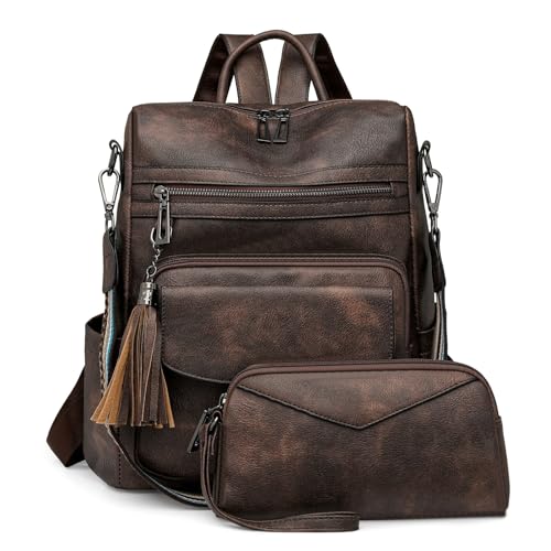 Lomeuuu Damen-Vintage-Rucksack Retro-Fransendetails Zweifarbige Farbgebung Inklusive Passender Clutch-Tasche (#04) von Lomeuuu