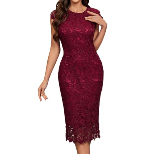 Lomeuuu Mittellanges Spitzenkleid Mit Rundhalsausschnitt Und Flügelärmeln, Erhältlich in Hellblau, Burgunderrot Und Marineblau (Burgundy,L) von Lomeuuu