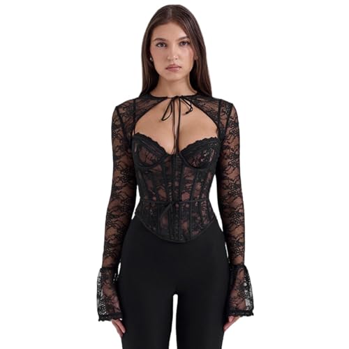 Lomeuuu Schwarzes Spitzen-Skinny-Top Mit Reißverschluss Vorne, Lange Ausgestellte Ärmel, Inklusive Fischgräten, Größe S-L (Black,L) von Lomeuuu