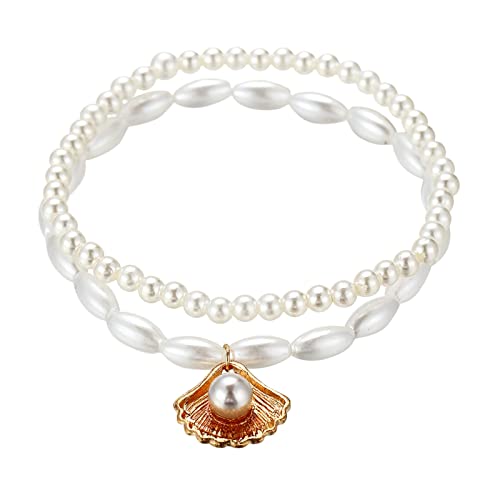 Lomhmn Passende Ringe Boho Doppelschicht Fußkettchen für Frauen Perle Muschel Streaming Anhänger Fußketten 8 Form Strand Armband Fußkettchen Alarm Armband für Männer (#0316-1-Weiß, Einheitsgröße) von Lomhmn