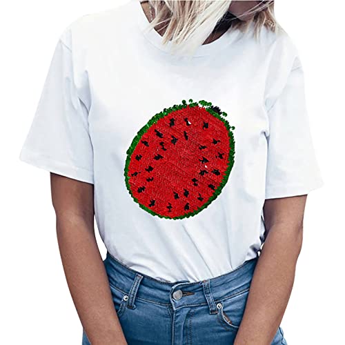 T Shirt Damen Frauen-Wassermelonen-Wechsel-Pailletten-Hemd Mode O-Ausschnitt Kurzarm Casual Cute Holiday Shirt von Lomhmn