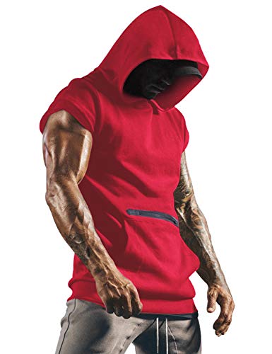Herren Kapuzenpullover Sweatshirt Ärmellos Kapuzenpulli Kapuze Hoodie Sport Style Casual Fitness Training Basic Rot XXL von Lomon