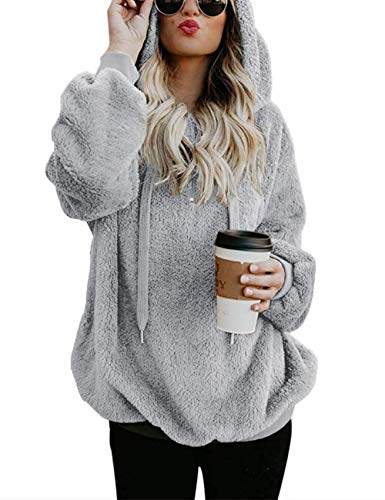 Lomon Damen Hoodie Winter Herbst Casual Kapuzenpullover Teddy-Fleece Plüsch Sweatshirt Warm Flauschig Kapuzenpulli Reißverschluss(Hellgrau,S) von Lomon