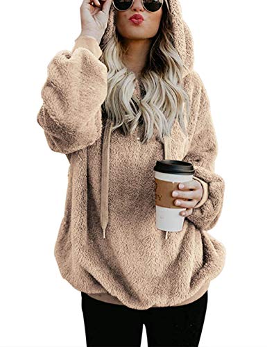 Lomon Damen Kapuzenpullover Mit Flanellplüsch Winter Teddy-Fleece Pullover Sweatshirt Langarmshirt Oberteile Hoodie Sweatjacke(Khaki,XXL) von Lomon