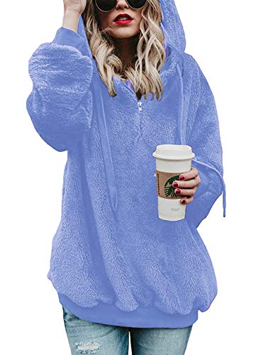 Lomon Fleecemantel Damen Herbst Winter Kapuzenpullover Hoodie Langarm Sweatshirt Winter Teddy-Fleece Pullover Sweatshirt(Himmelblau,XXL) von Lomon