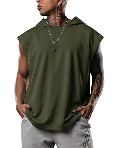 Lomon Herren Tank Top Ärmelloser Kapuzenpullover Muskelshirt Hoodie Workout Sport Fitness Unterhemden mit Handytaschen Armeegrün L von Lomon