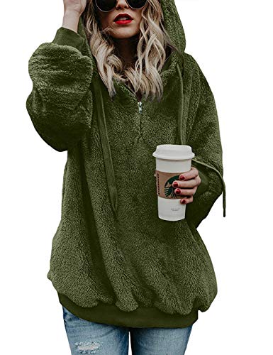 Lomon Hoodie Pullover Teddyfleece Jacke Damen Winter Lose Warm Kapuzenpullover Baumwolle Einfarbig Fleecejacke(Armee Grün,L) von Lomon