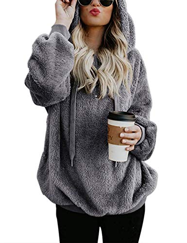 Lomon Kapuzenpullover Damen Langarmshirt Oberteile Hoodie Sweatjacke Teddy - Mantel Warm Flauschig Teddy-Fleece Pullover(Dunkelgrau,XXL) von Lomon