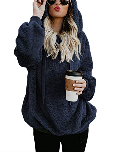 Lomon Oversize Pullover Damen Plüsch Einfarbig Langarm Teddyjacke Hohe Qualität Elegant Superweich Hoodie Damen Oversize(Navy Blau,XXL) von Lomon