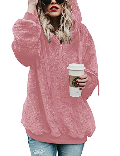 Lomon Winterpullover Damen Casual Winter Kapuzenpullover Mode Langarmshirt Samt Teddy-Fleece Mantel Herbst Winter Hoodie Pullover(Rosa,XXL) von Lomon