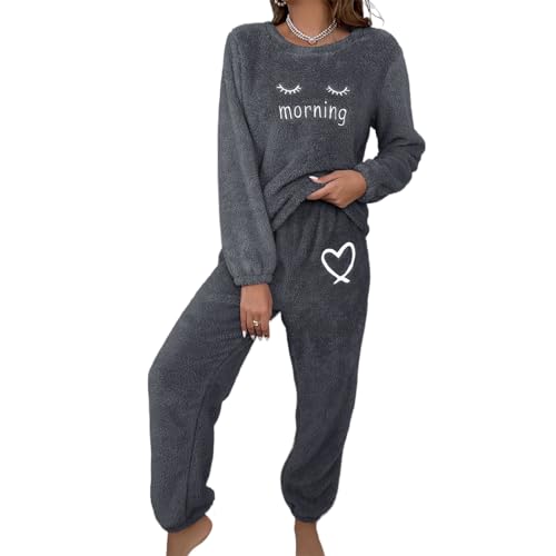 Lomoracy Winter Frau Plüsch Pyjamas Set Pullover Schlafanzug Flauschige Nachtwäsche Lässig Warm Flanell Pyjamas Lady Lingerie Pijamas (Grau,M) von Lomoracy