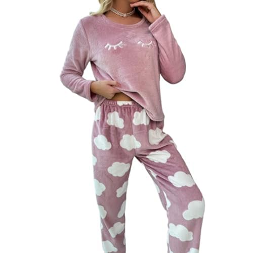 Lomoracy Winter Frau Plüsch Pyjamas Set Pullover Schlafkleidung Fluffy Homewear Casual Gemütliche Flannel Pyjamas Dame Unterwäsche Pyjama (Pink,XL) von Lomoracy