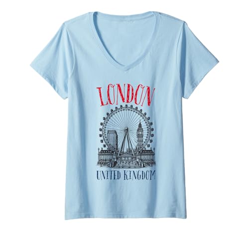 Damen Kultige Londoner Skyline, Großbritannien, britische Frauen, Jungen, Mädchen T-Shirt mit V-Ausschnitt von London England United Kingdom UK Souvenir Kids